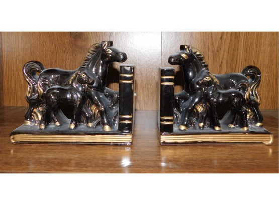 Pair Of Ceramic Horse Black Lacquered Book Ends
