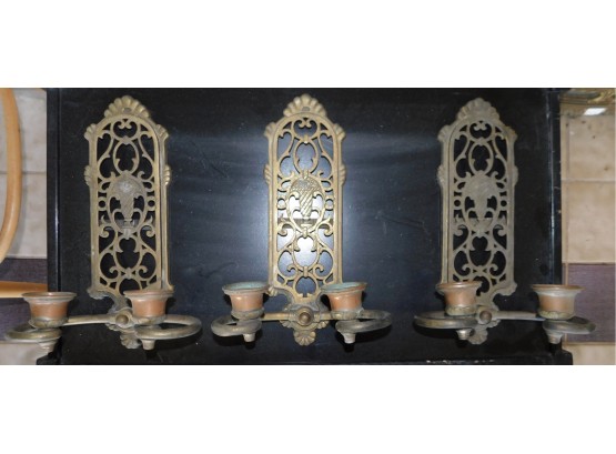 Vintage Set Of Brass And Copper Candle Stick Wall Scones