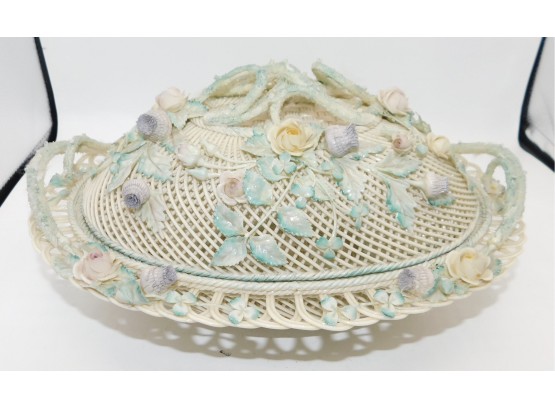 Lovely Belleek Porcelain Basket With Flowers And Lid