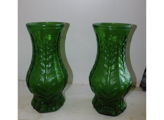 Pair Of Green Cut Glass Vases