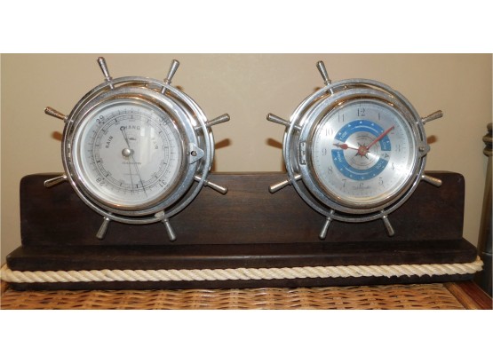 Tide Minder Nautical Clock And Sea Master Barometer On Nautical Theme Wood Stand