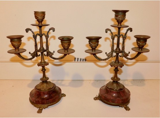 Lovely Vintage Pair Of Brass And Marble Candelabras