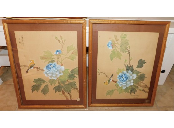Vintage Pair Of Japanese Signed Hand-painted Art Framed