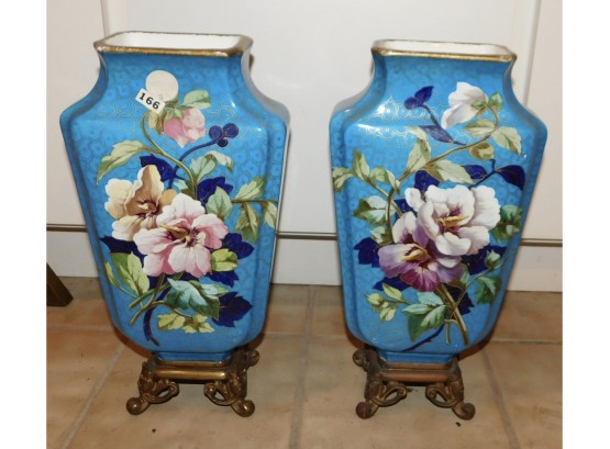VINTAGE Lovely Pair Of Hand Painted Floral Pattern Ceramic Vases With Brass Base
