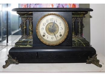 Lovely Antique Wood Ansonia Mantel Clock With Brass Claw Feet And Lion Handles