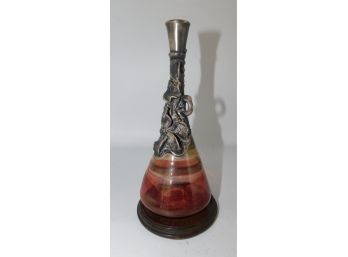 Hand Blown Glass Pourer With Silver Plate And Wood Base