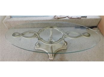 Lovely Ivory Rustic Wood Style Oval Glass Top Coffee Table