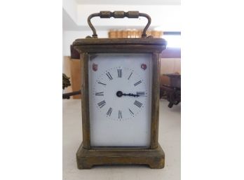 Antique French H & H Miniature Carriage Clock Brass And Glass