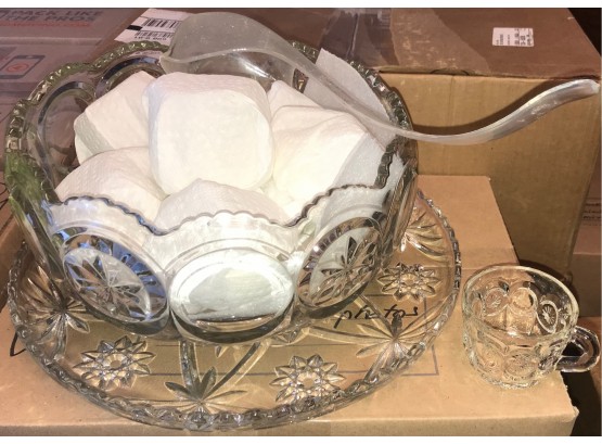 Cut Glass Punchbowl With 12 Matching Glasses And Plastic Ladle