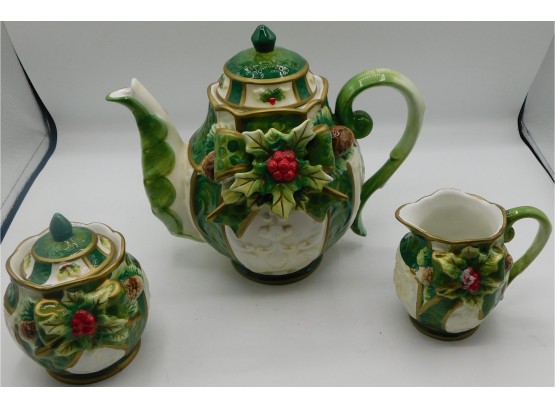 Festive Holiday Tea Set With Teapot, Creamer, And Sugar Bowl