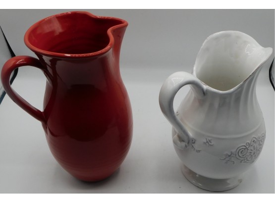 Pair Of 2 Ceramic Pitchers - 1 Red And 1 White