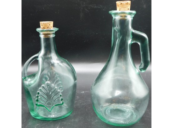 Pair Of Vintage Green Glass Jugs With Pouring Handle And Corks