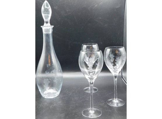 Set Of Etched Wine Glasses With Matching Decanter