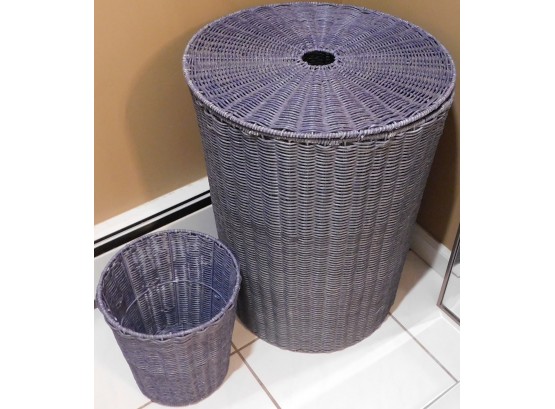 Blue Wicker Laundry Basket And Garbage Pail Set