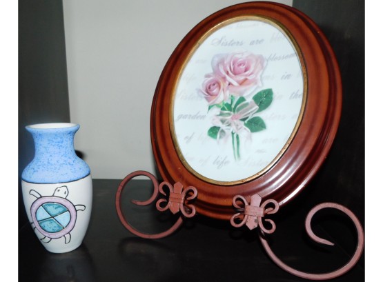 Ceramic White & Blue Vase And Decorative Framed Dish With Stand