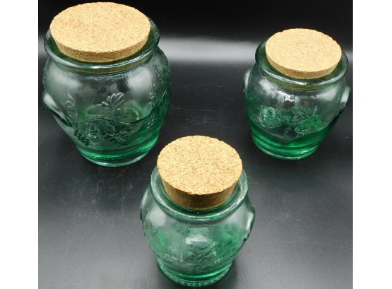 Set Of 3 Green Glass Jars With Cork Lids
