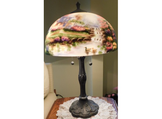 Thomas Kinkade Lamp With Reverse Painted Glass Lampshade