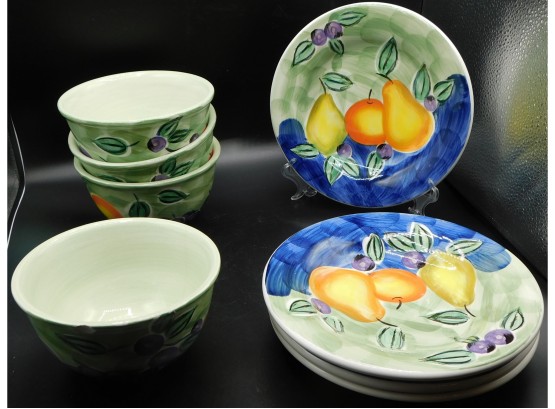 Set Of Lovely Caseleina Handpainted Salad Plates (4) And Cereal Bowls (4)