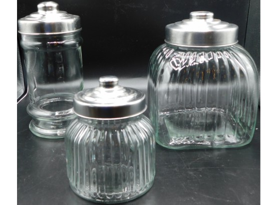 Set Of 3 Ribbed Glass Storage Jars