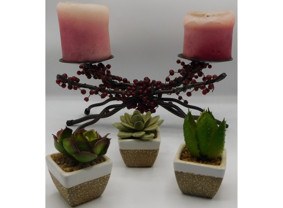 Decorative Candle Holder With Candle And 3 Faux Succulents