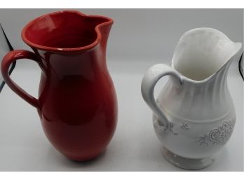 Pair Of 2 Ceramic Pitchers - 1 Red And 1 White