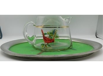 West Virginia Glass Glass Pitcher W/ Blue Jay & Cardinal Songbirds With Vintage Glass Tray