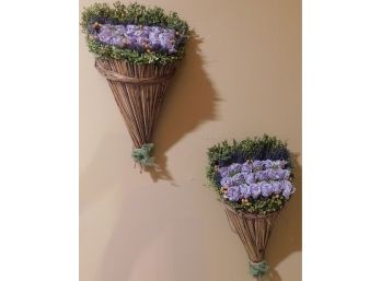 Purple Roses In Hanging Wicker Baskets - Wall Decor