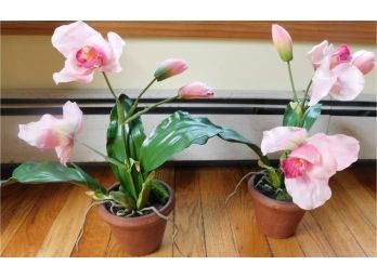 Pair Of Faux Pink Potted Flowers