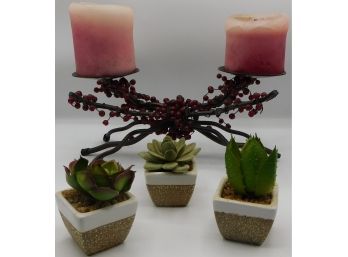 Decorative Candle Holder With Candle And 3 Faux Succulents