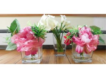 Lot Of Potted Pink Faux Roses (2) And White Faux Lillies (1)