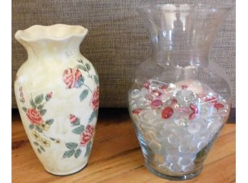 Pair Of 2 Decorative Vases - 1 Glass And 1 Ceramic