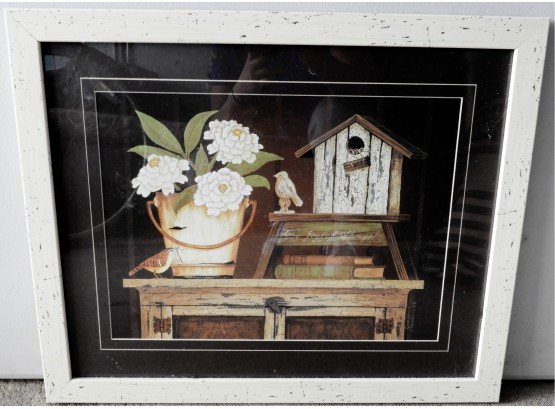 Linda Spivey Framed Art Of Birdhouse, Flower Pot & Birds - 'Be Joyful Always'