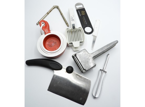 Assorted Set Of 8 Kitchen Utensils: Measuring Cups, Garlic Press, Bottle Opener, Cleaver, Tongs