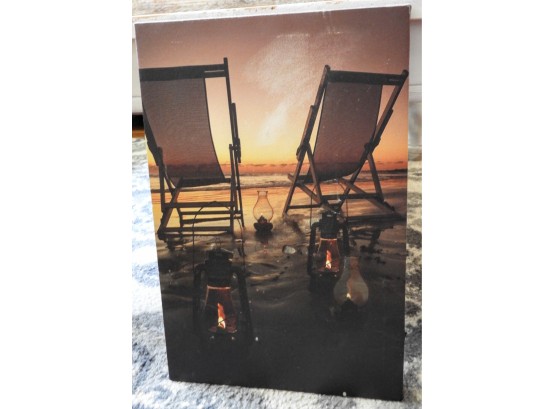 Beach Chairs With Oil Lamps On Beach At Sunset, Canvas Art - Battery Operated
