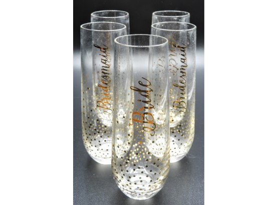 Set Of 5 Stemless Glass Champagne Flutes For Bride & Bridesmaids