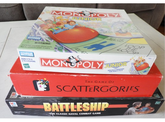 Assorted Board Games: Monolopy, Battleship, Scattergories