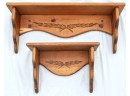 Set Of 2 Matching Wood Wall Shelves With Leaf Design & Plate Groove