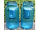 Set Of 2 Blue Mason Jar Candle Holders With Candles