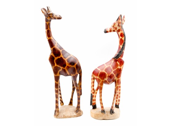 Hand Carved - Made In Kenya - A Pair Of Wooden Giraffe Figurines