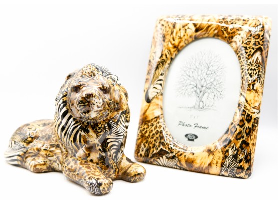 Lot Of 'LA VIE' African Animal Safari Patchwork Frame And Lion Figurine