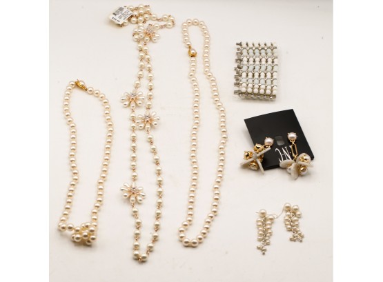 6 Pieces Of Assorted Jewelry - Faux Pearl Pieces - 3 Necklaces -2 Pairs Of Earrings - 1 Bracelet