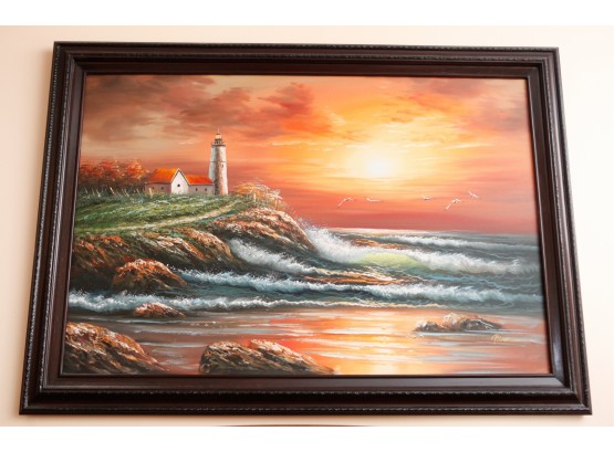 Stunning Light House Landscape Framed Canvas - Sighned P.Sue - L41.5 X H29.5 X D1'