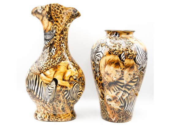 A Pair Of 'LA VIE' African Animal Safari Patchwork Print Vases