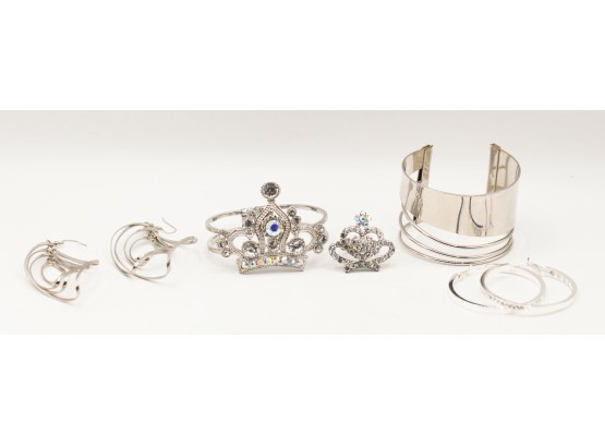 5 Pieces Of Assorted Costume Jewelry - Silver Toned - 2 Pairs Of Earrings - 2 Bracelets - 1 Ring