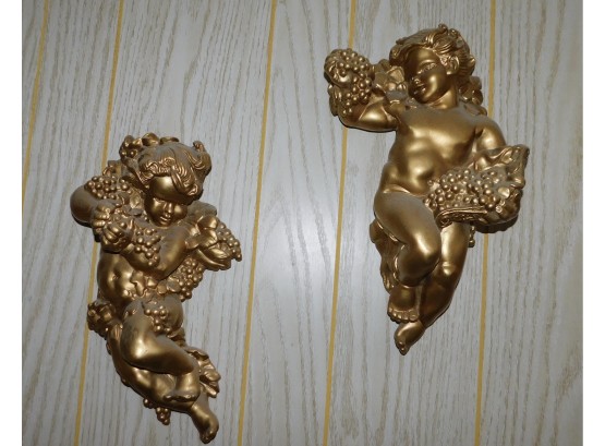 Pair Of Ceramic Gold Hand-painted Cherub Wall Ornaments