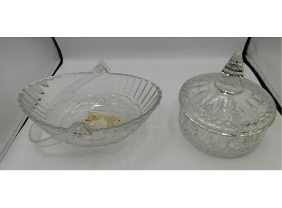 Pair Of Cut Glass Candy Bowls One With Plastic Handle