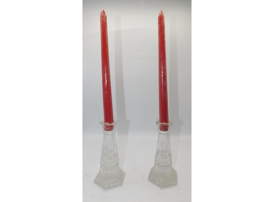 Pair Of Cut Glass Candlesticks Holders With Candle Sticks
