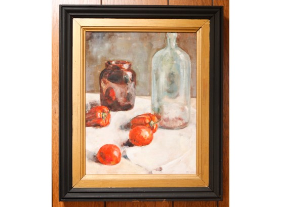 Stunning Oil On Canvas Painting Of Glass Jars And Peppers - Signed