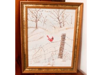 Beautiful Winter Scene W/ Red Robin On Fence - Signed