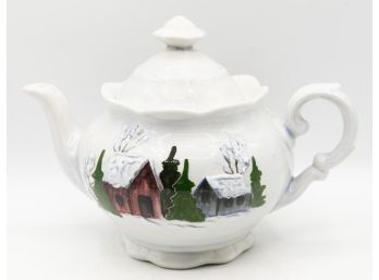 Stunning Ceramic Tea Pot W/ Snowy Cabin Theme - Signed By Doris